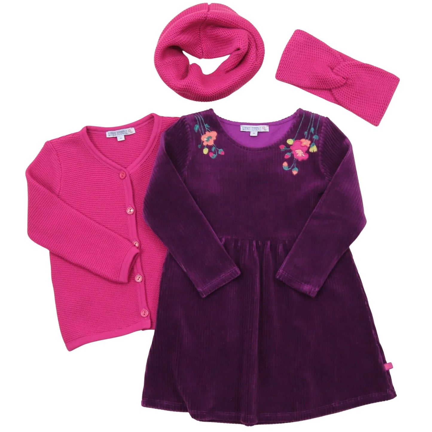 Kleid Velvet rib mit Blumenstickerei in dark grape