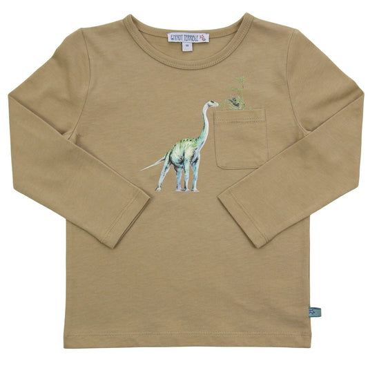 Shirt with dinosaur print and pocket in light olive