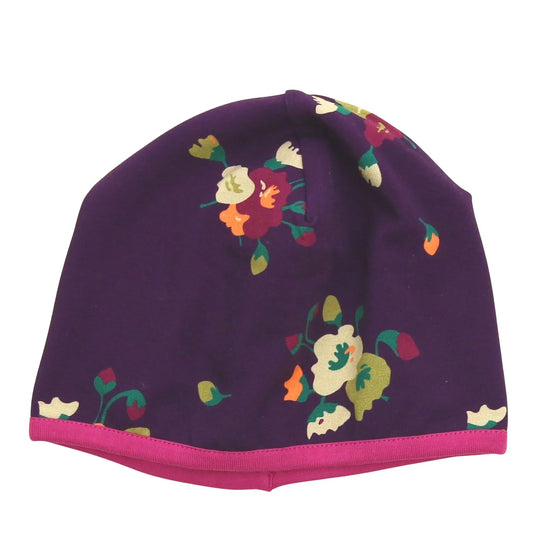Reversible hat with large floral print in dark grape-berry