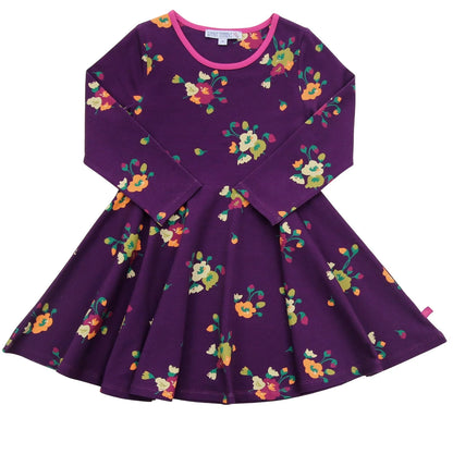 Drehkleid mit großem Blumenmuster in dunklem Traubenrot