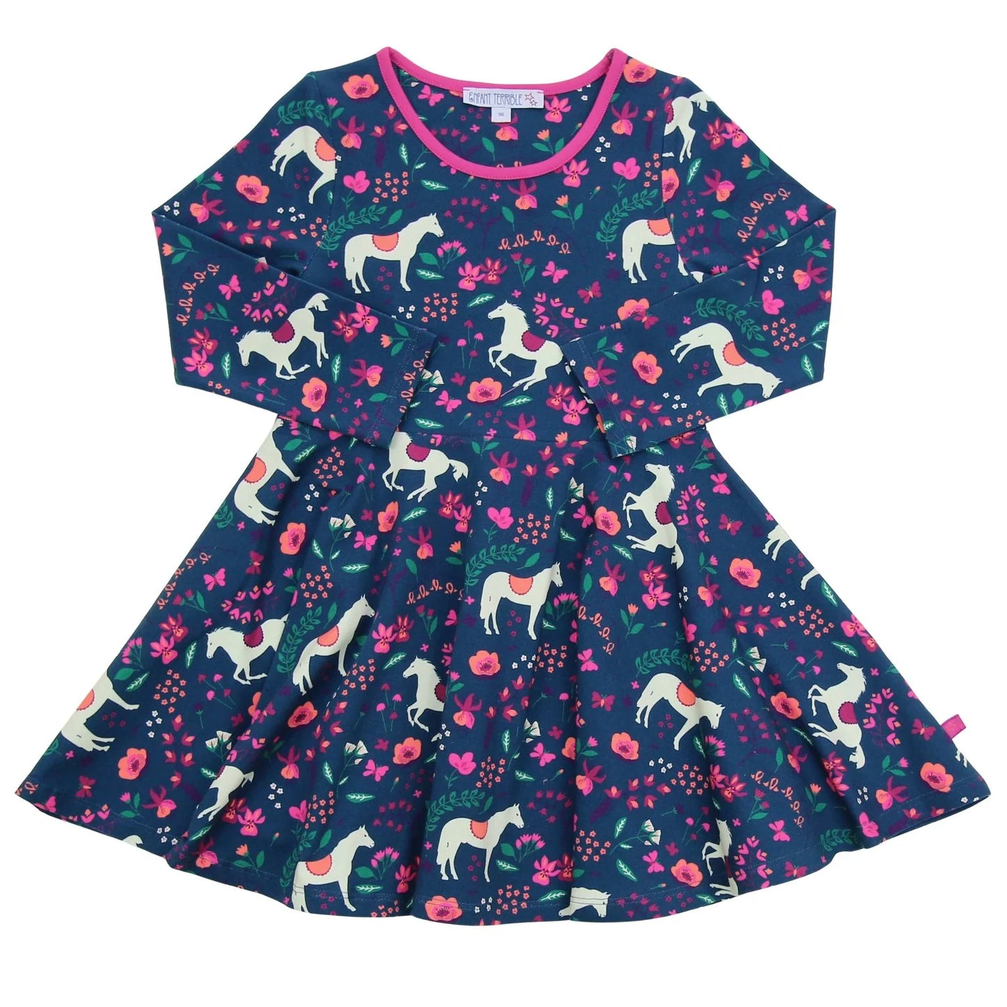 Twirl dress with horse print in dark cobalt-berry