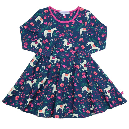 Twirl dress with horse print in dark cobalt-berry