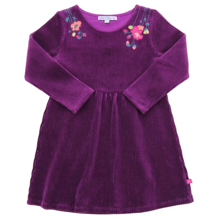 Kleid Velvet rib mit Blumenstickerei in dark grape