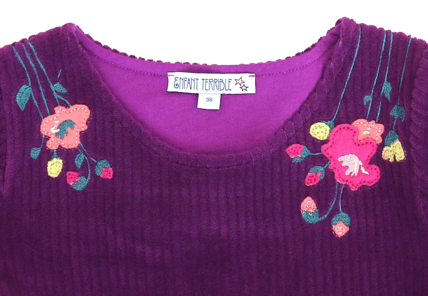 Kleid Velvet rib mit Blumenstickerei in dark grape