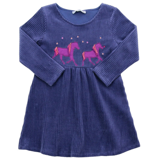 Velvet ribbed dress with horse appliqué in dark cobalt