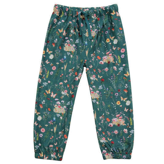 Woven trousers with jersey lining, watercolor floral print in emerald cinnamon