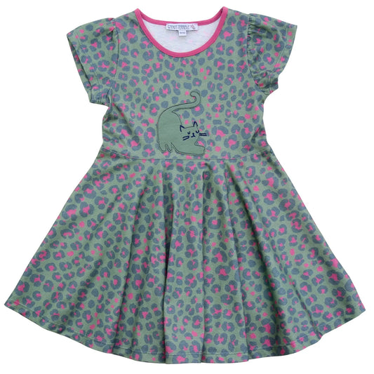 Dress with Cat Appliqué in green- mallow