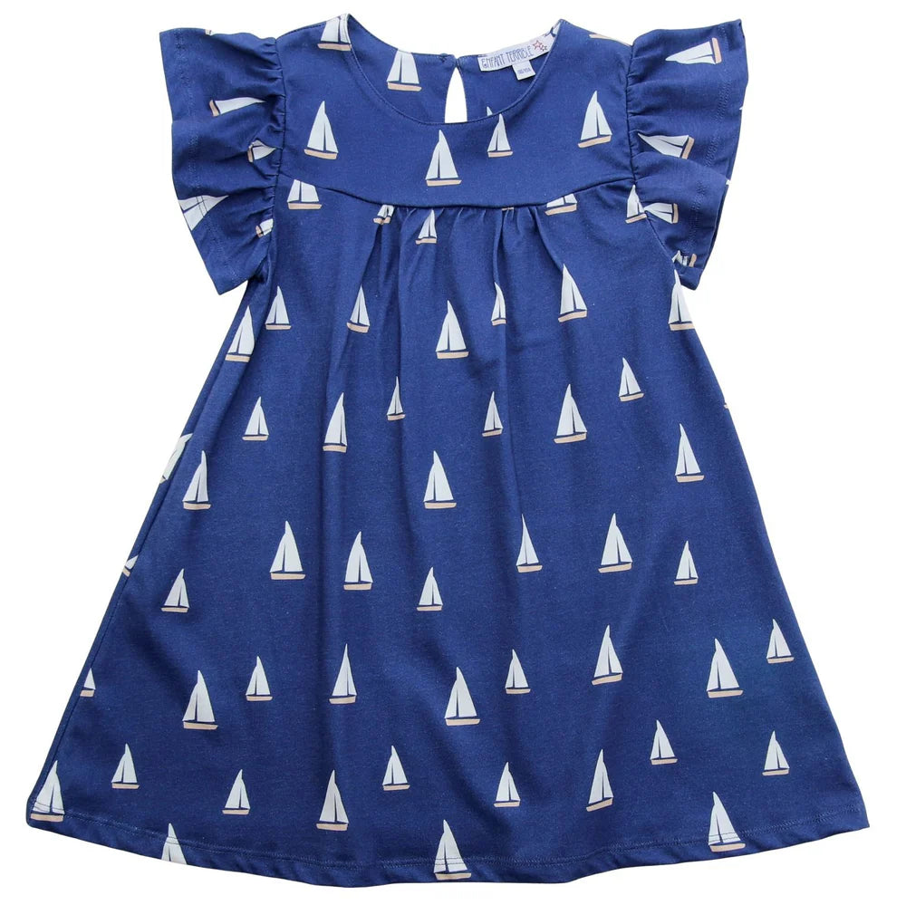 Dress with sailboat print in navy and white