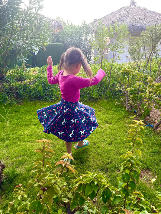 Circle skirt with horse print in dark cobalt-berry