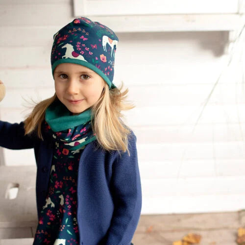 Reversible loop scarf horse print in dark cobalt- emerald