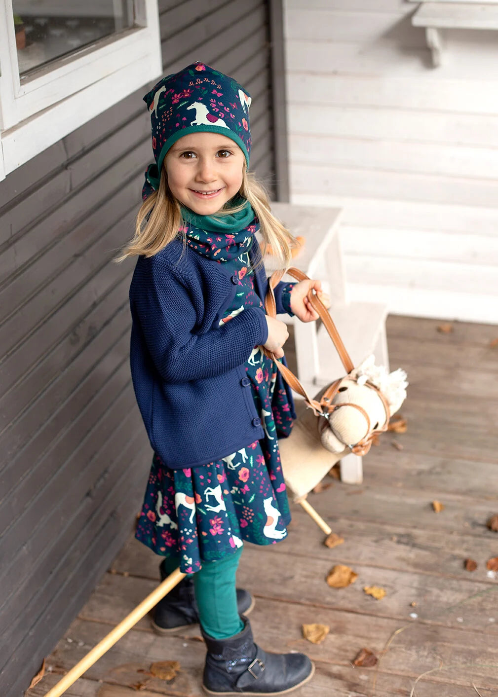 Twirl dress with horse print in dark cobalt-berry