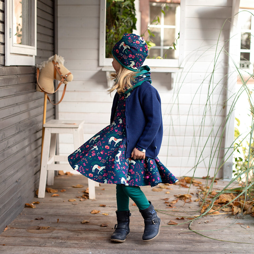 Twirl dress with horse print in dark cobalt-berry