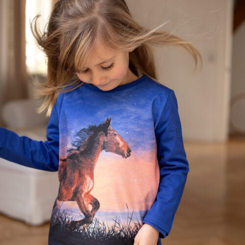 Shirt with large horse print in cobalt