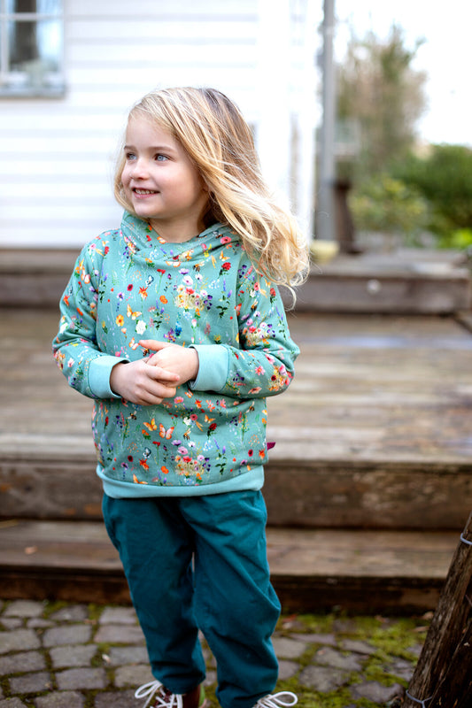 Sweatshirt with watercolor floral print in aquamarine and cinnamon