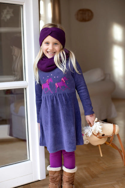 Velvet ribbed dress with horse appliqué in dark cobalt