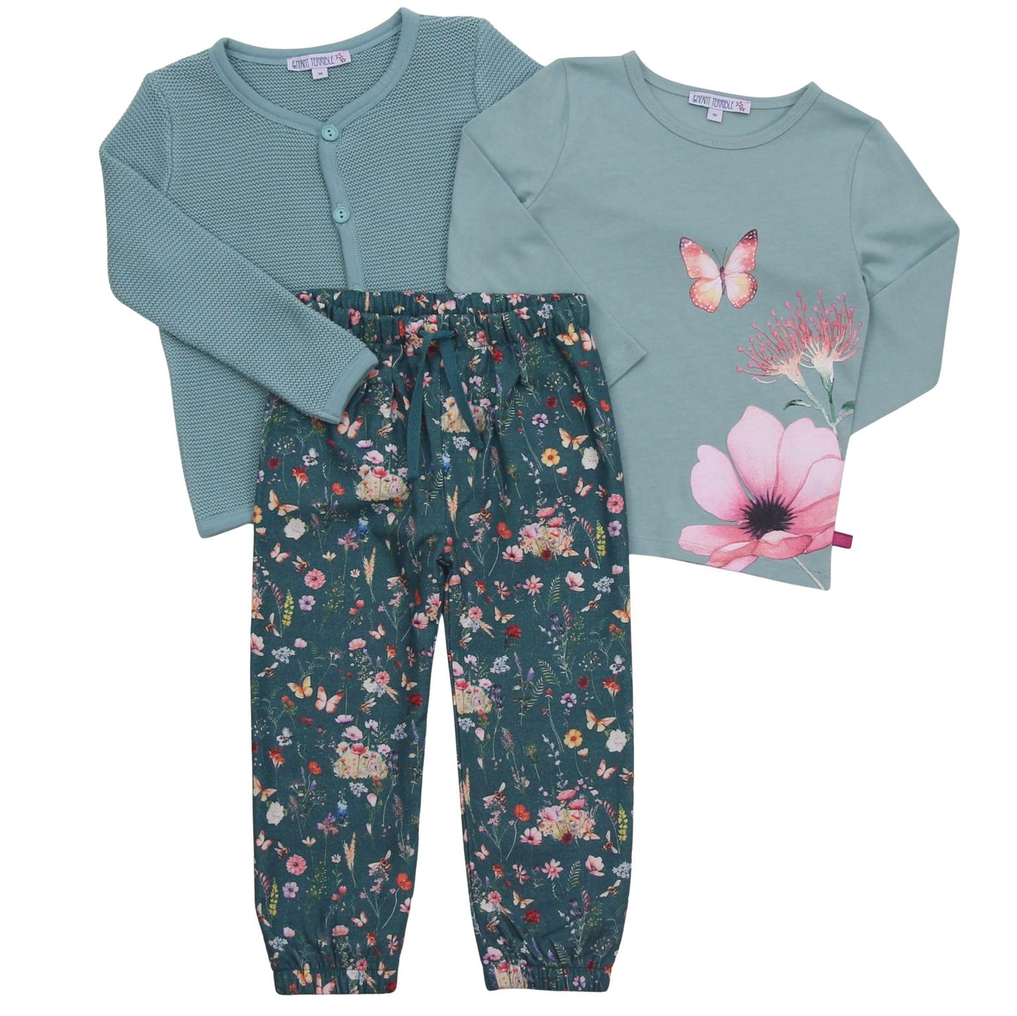 Woven trousers with jersey lining, watercolor floral print in emerald cinnamon