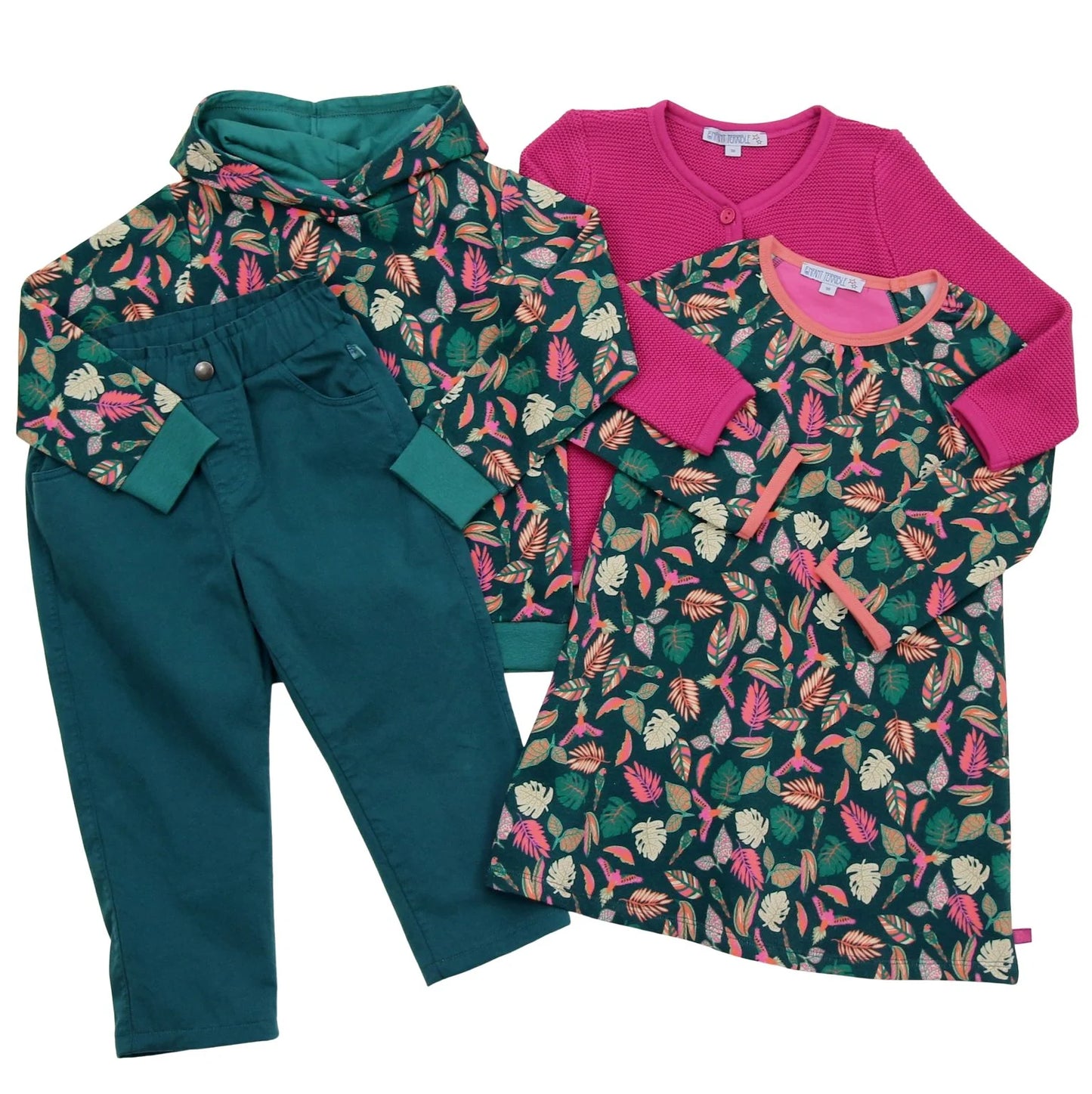 Sweatkleid mit Papageiendruck in dark smaragd-fuchsia